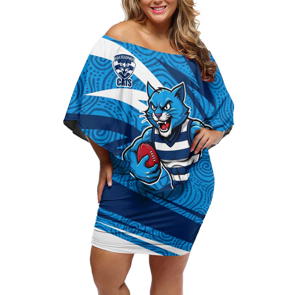 Geelong Cats Australian Football Off Shoulder Short Dress Fierce Cat Mascot With Indigenous Pattern Art
