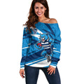 Geelong Cats Australian Football Off Shoulder Sweater Fierce Cat Mascot With Indigenous Pattern Art