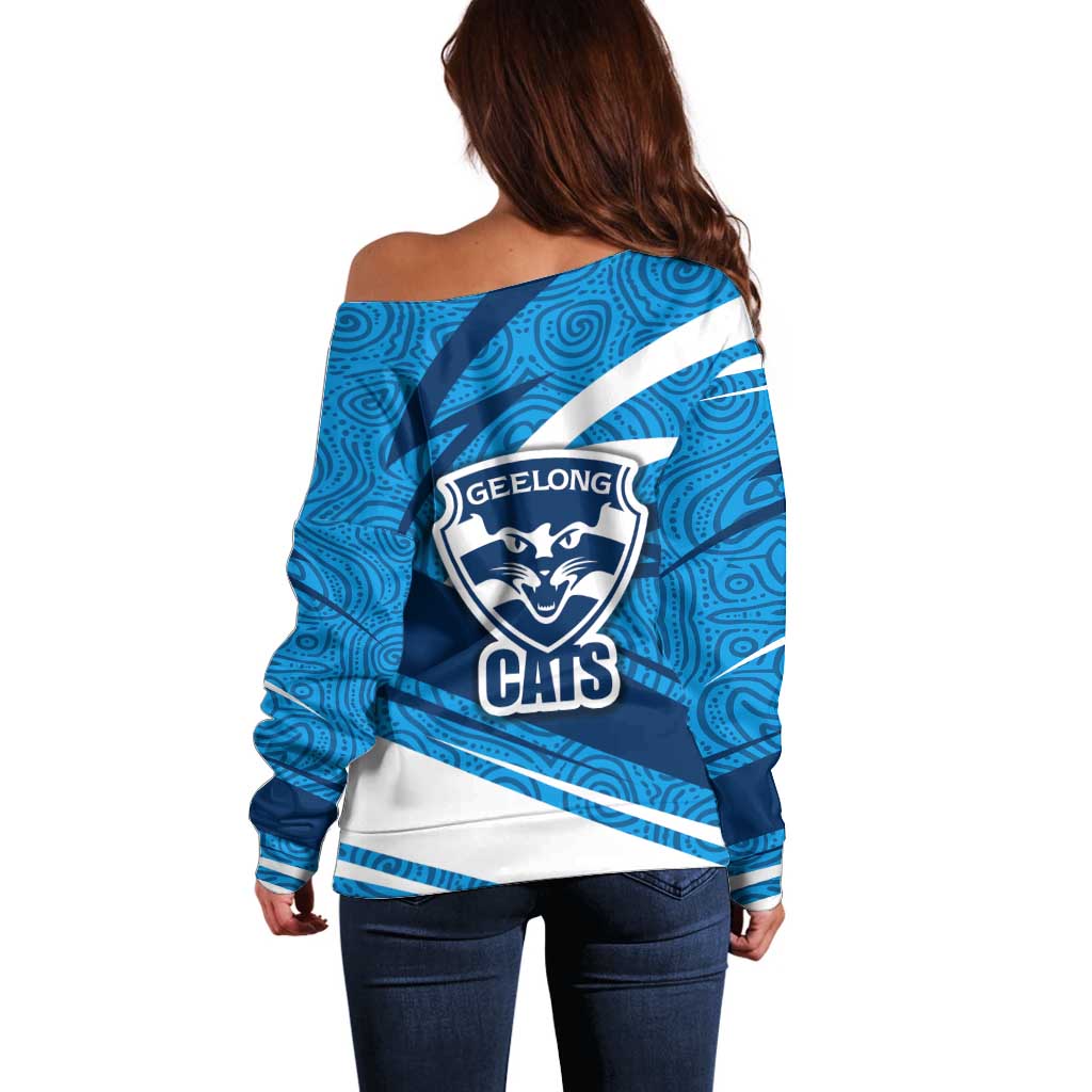 Geelong Cats Australian Football Off Shoulder Sweater Fierce Cat Mascot With Indigenous Pattern Art