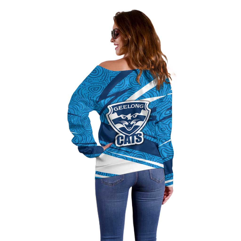 Geelong Cats Australian Football Off Shoulder Sweater Fierce Cat Mascot With Indigenous Pattern Art