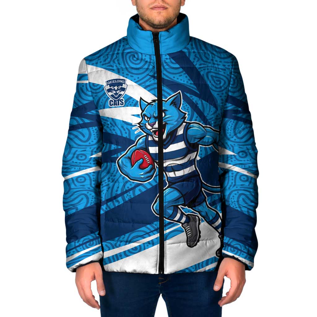 Geelong Cats Australian Football Padded Jacket Fierce Cat Mascot With Indigenous Pattern Art