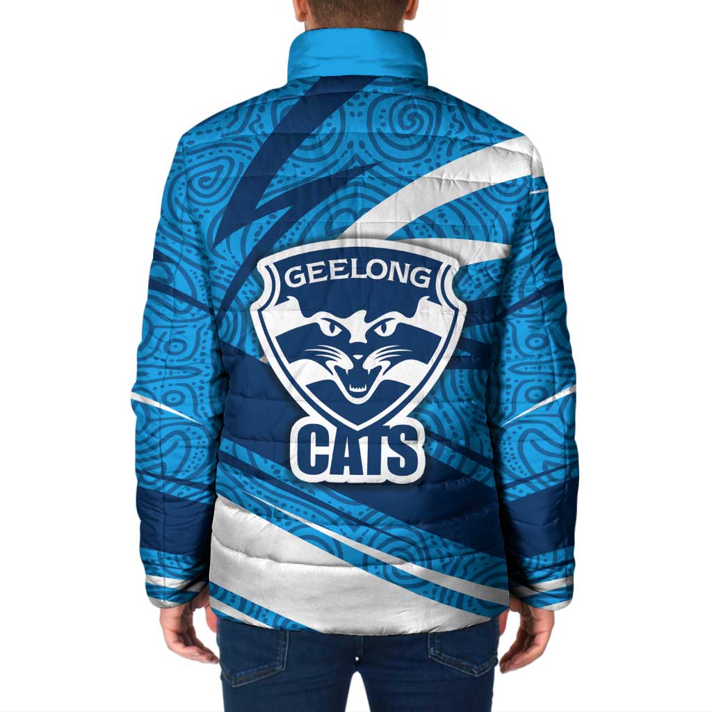 Geelong Cats Australian Football Padded Jacket Fierce Cat Mascot With Indigenous Pattern Art