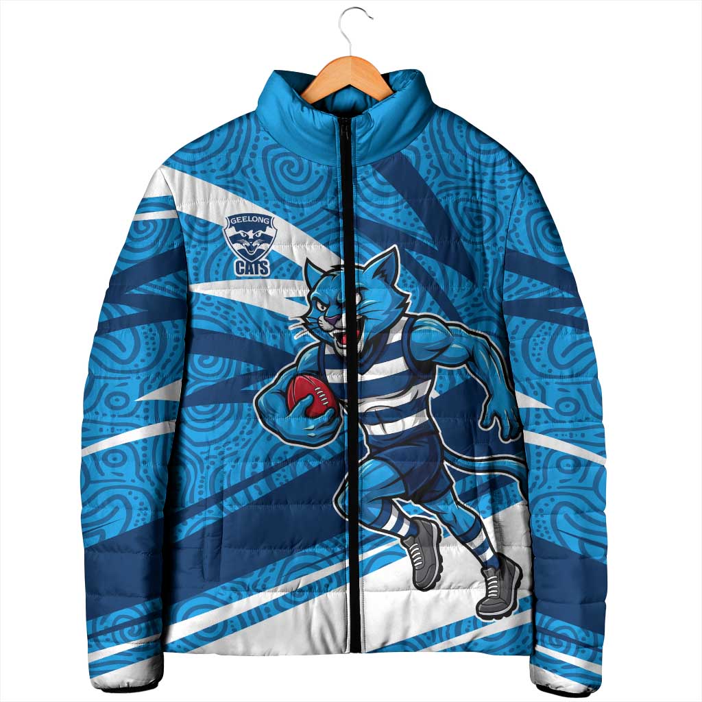 Geelong Cats Australian Football Padded Jacket Fierce Cat Mascot With Indigenous Pattern Art