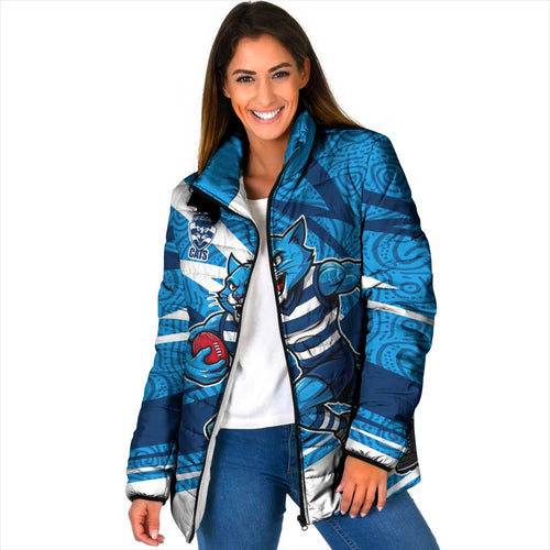 Geelong Cats Australian Football Padded Jacket Fierce Cat Mascot With Indigenous Pattern Art