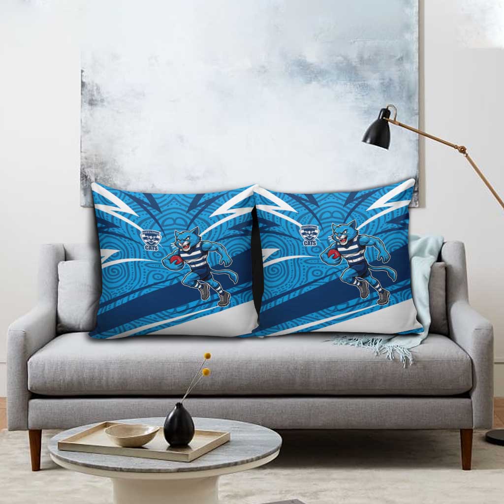 Geelong Cats Australian Football Pillow Cover Fierce Cat Mascot With Indigenous Pattern Art