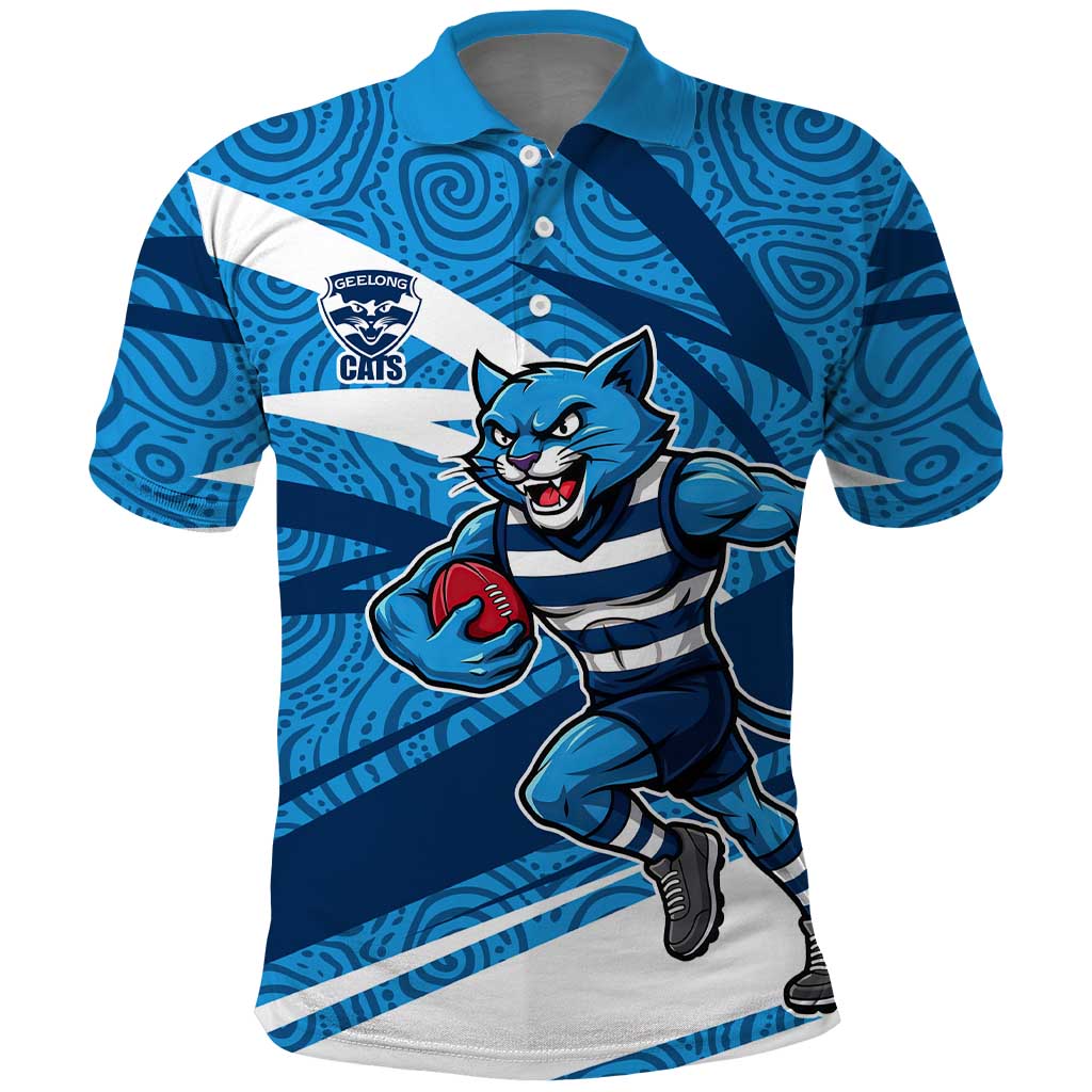 Geelong Cats Australian Football Polo Shirt Fierce Cat Mascot With Indigenous Pattern Art