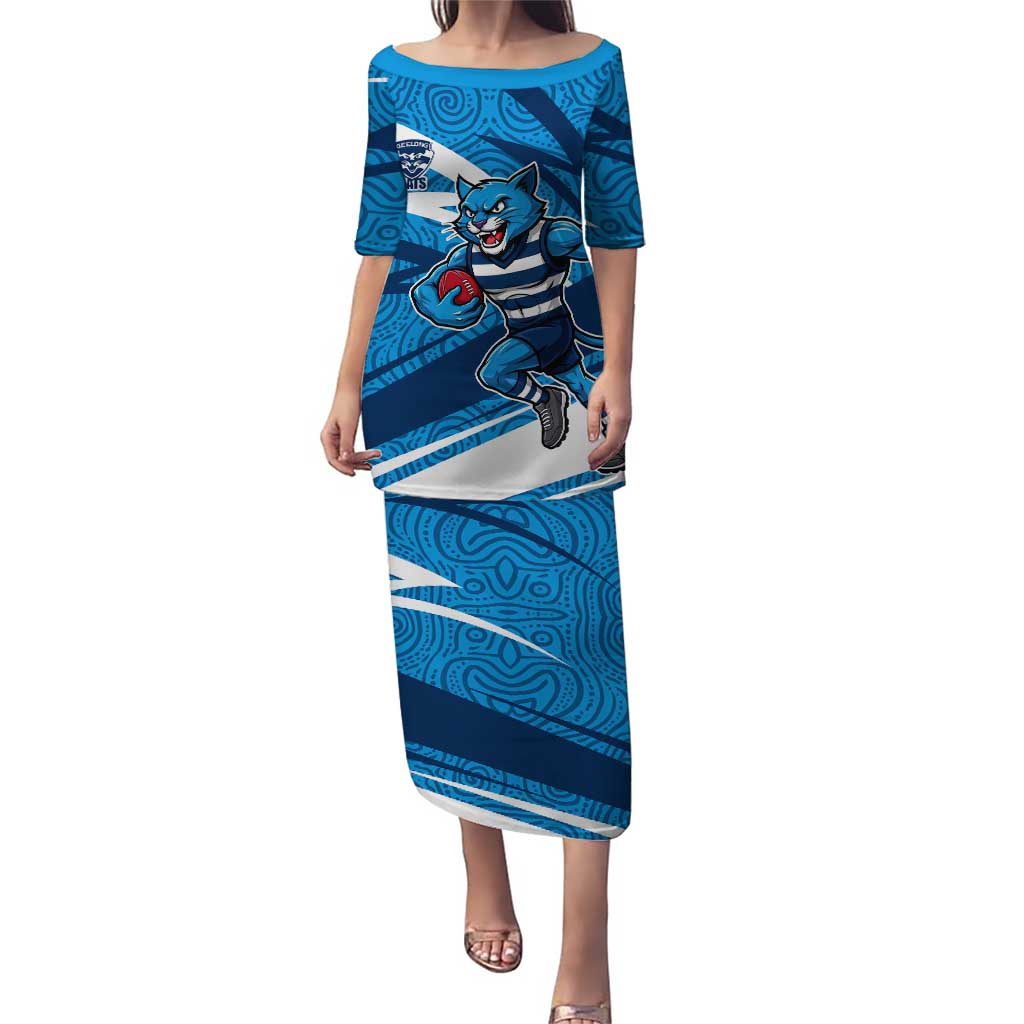 Geelong Cats Australian Football Puletasi Fierce Cat Mascot With Indigenous Pattern Art