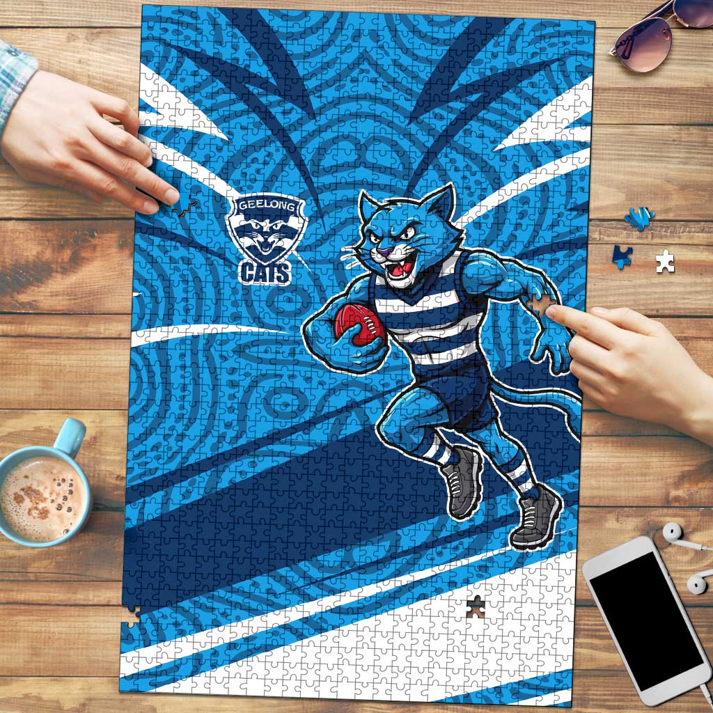 Geelong Cats Australian Football Puzzle Fierce Cat Mascot With Indigenous Pattern Art