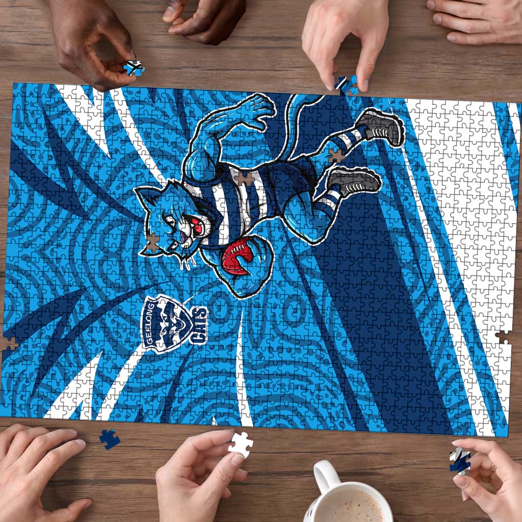 Geelong Cats Australian Football Puzzle Fierce Cat Mascot With Indigenous Pattern Art