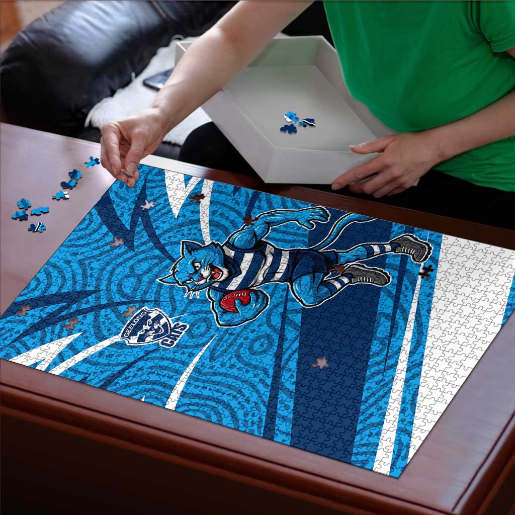 Geelong Cats Australian Football Puzzle Fierce Cat Mascot With Indigenous Pattern Art