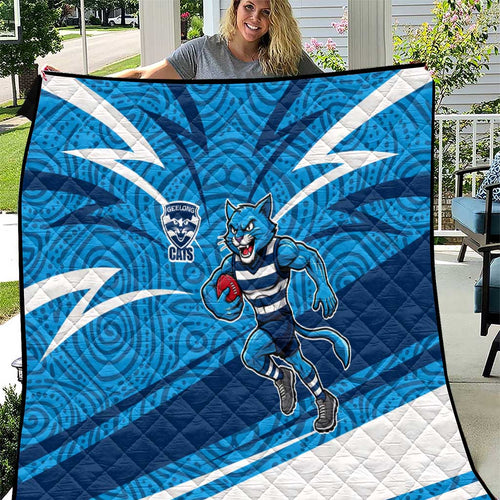 Geelong Cats Australian Football Quilt Fierce Cat Mascot With Indigenous Pattern Art
