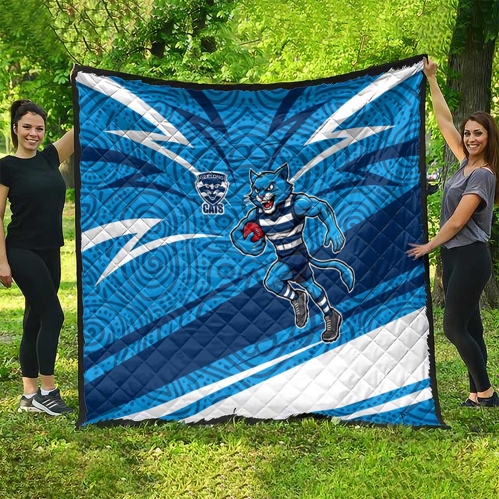 Geelong Cats Australian Football Quilt Fierce Cat Mascot With Indigenous Pattern Art