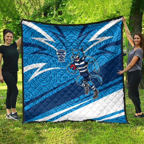Geelong Cats Australian Football Quilt Fierce Cat Mascot With Indigenous Pattern Art