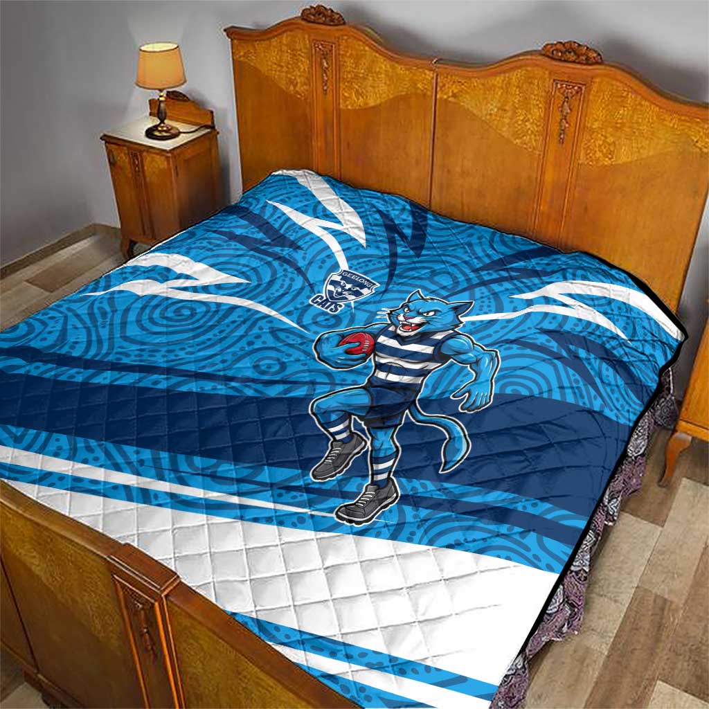 Geelong Cats Australian Football Quilt Fierce Cat Mascot With Indigenous Pattern Art