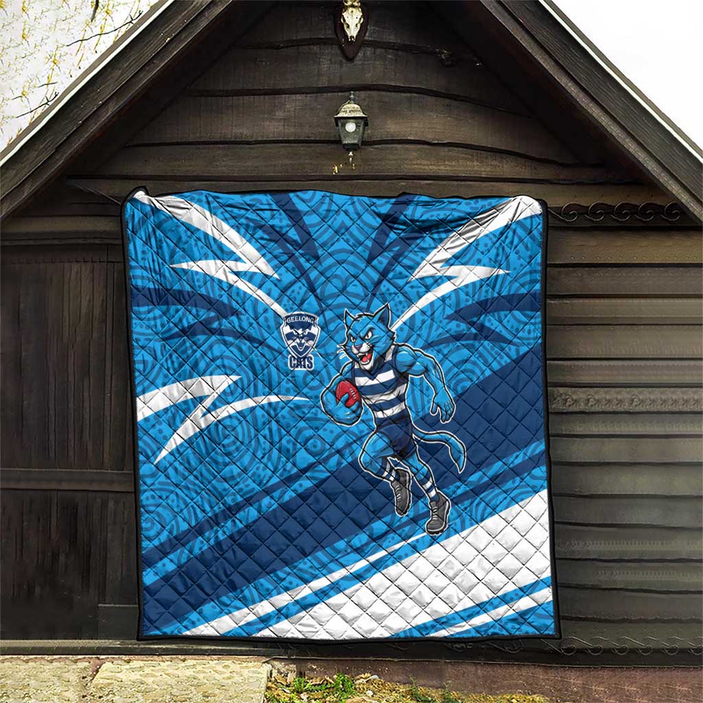 Geelong Cats Australian Football Quilt Fierce Cat Mascot With Indigenous Pattern Art