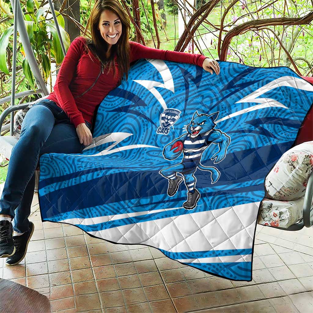 Geelong Cats Australian Football Quilt Fierce Cat Mascot With Indigenous Pattern Art