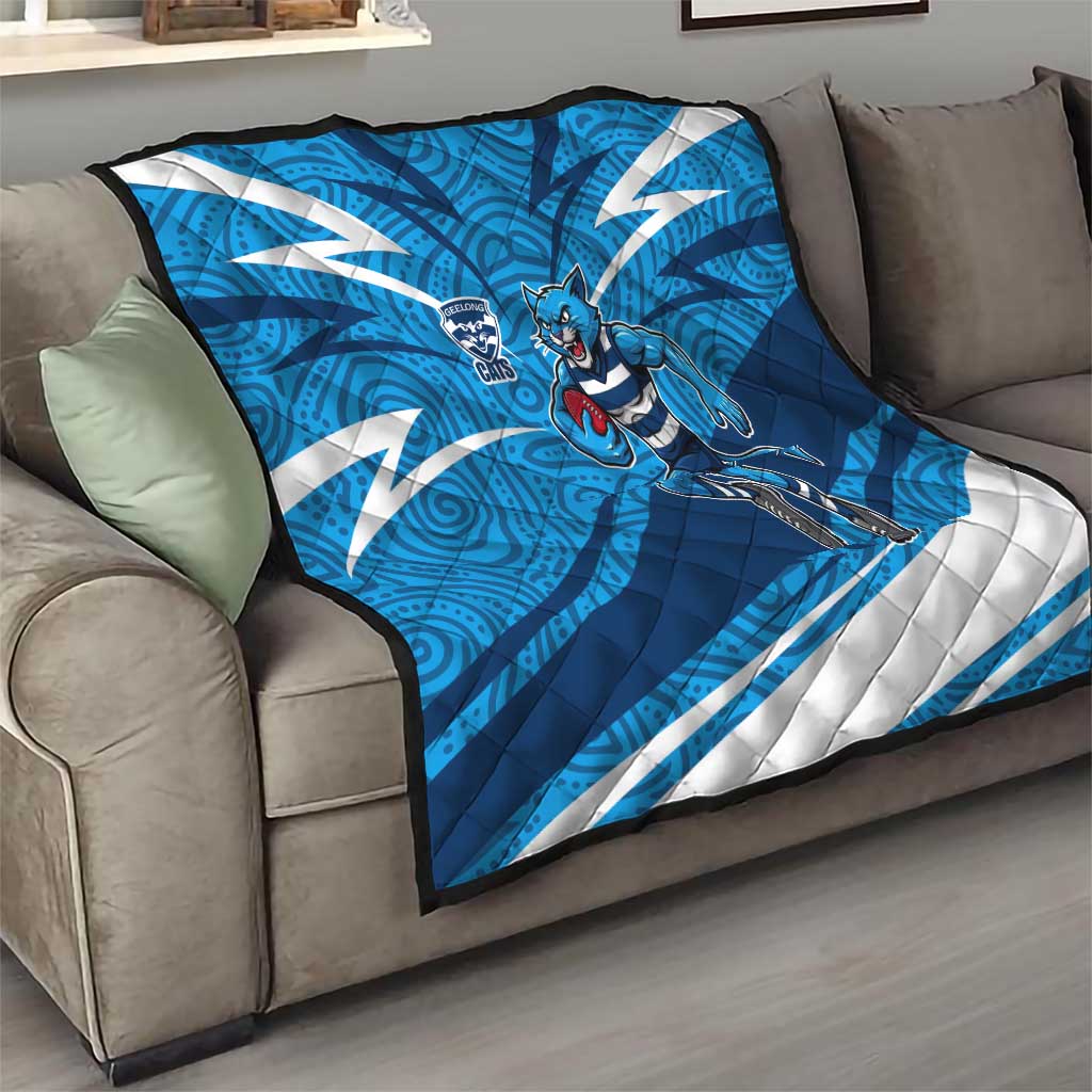 Geelong Cats Australian Football Quilt Fierce Cat Mascot With Indigenous Pattern Art