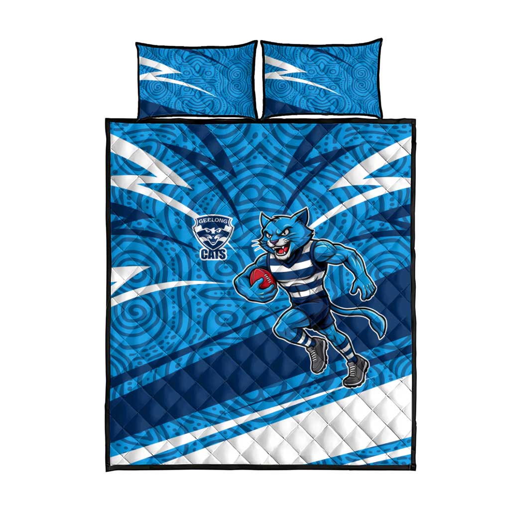 Geelong Cats Australian Football Quilt Bed Set Fierce Cat Mascot With Indigenous Pattern Art