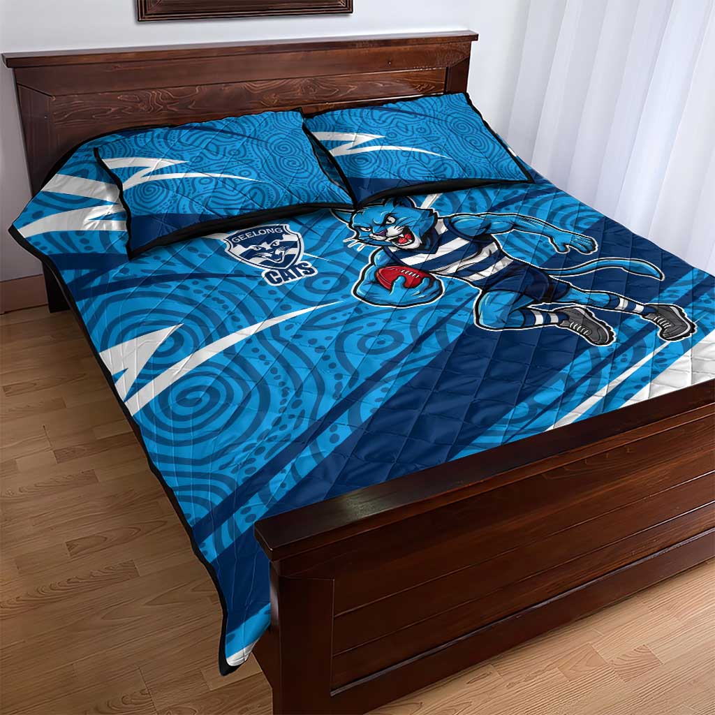 Geelong Cats Australian Football Quilt Bed Set Fierce Cat Mascot With Indigenous Pattern Art