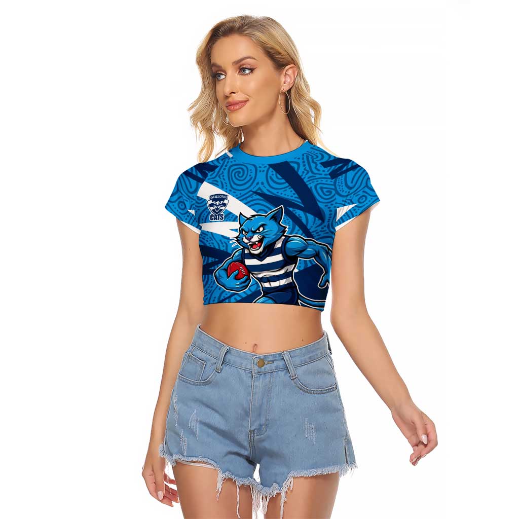Geelong Cats Australian Football Raglan Cropped T Shirt Fierce Cat Mascot With Indigenous Pattern Art