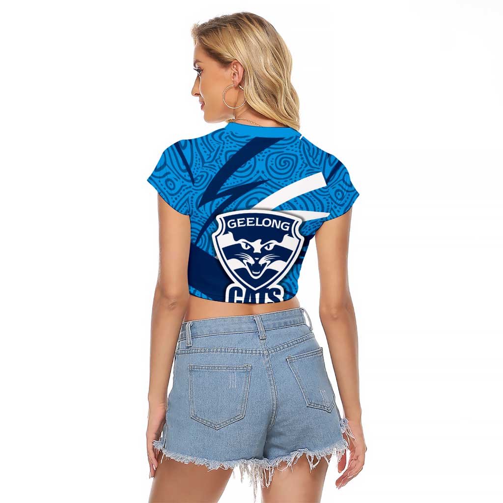 Geelong Cats Australian Football Raglan Cropped T Shirt Fierce Cat Mascot With Indigenous Pattern Art
