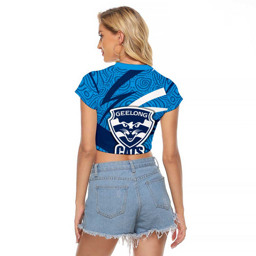 Geelong Cats Australian Football Raglan Cropped T Shirt Fierce Cat Mascot With Indigenous Pattern Art
