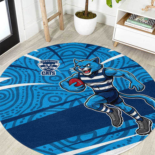 Geelong Cats Australian Football Round Carpet Fierce Cat Mascot With Indigenous Pattern Art