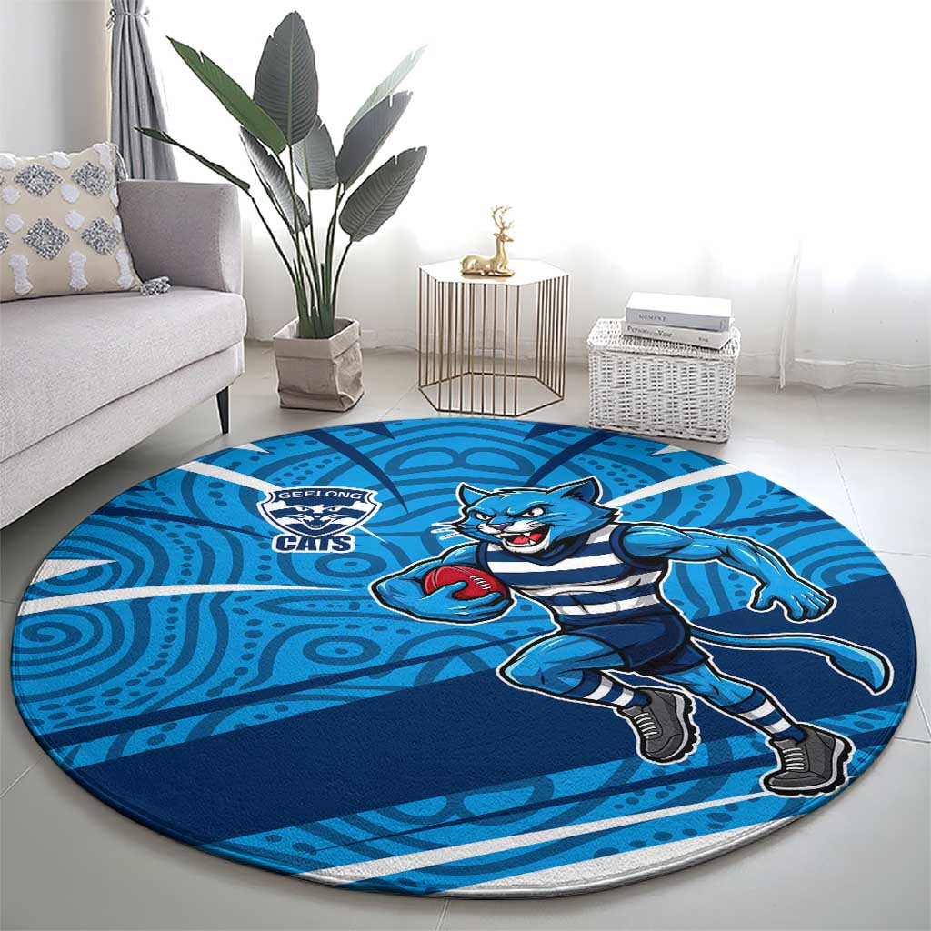 Geelong Cats Australian Football Round Carpet Fierce Cat Mascot With Indigenous Pattern Art