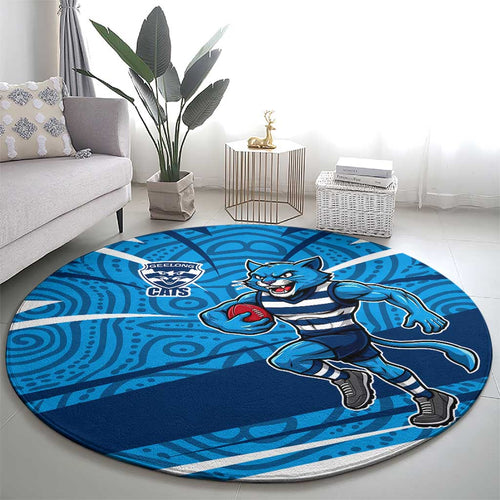 Geelong Cats Australian Football Round Carpet Fierce Cat Mascot With Indigenous Pattern Art