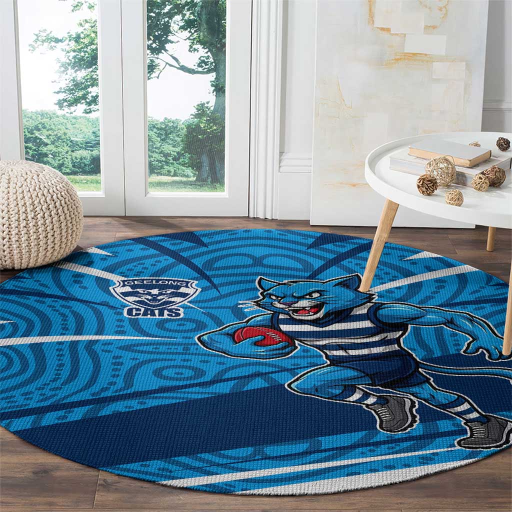 Geelong Cats Australian Football Round Carpet Fierce Cat Mascot With Indigenous Pattern Art