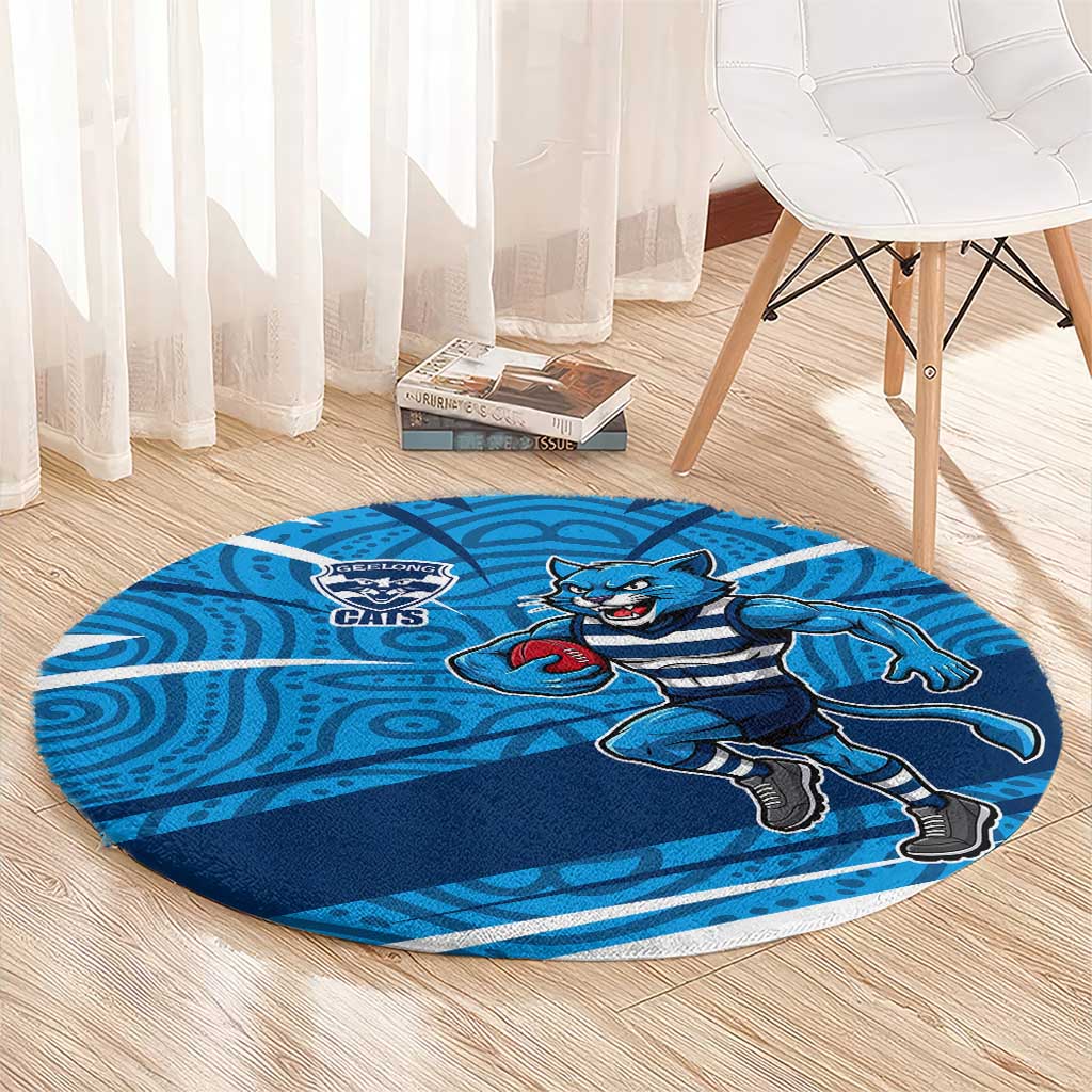 Geelong Cats Australian Football Round Carpet Fierce Cat Mascot With Indigenous Pattern Art