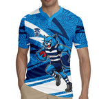 Geelong Cats Australian Football Rugby Jersey Fierce Cat Mascot With Indigenous Pattern Art