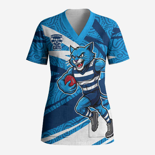 Geelong Cats Australian Football Scrub Top Fierce Cat Mascot With Indigenous Pattern Art