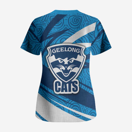 Geelong Cats Australian Football Scrub Top Fierce Cat Mascot With Indigenous Pattern Art