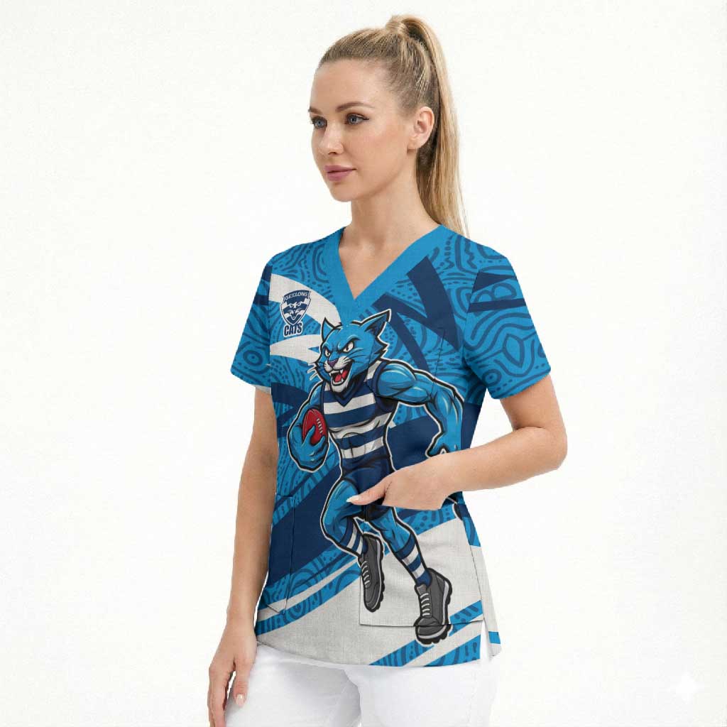 Geelong Cats Australian Football Scrub Top Fierce Cat Mascot With Indigenous Pattern Art