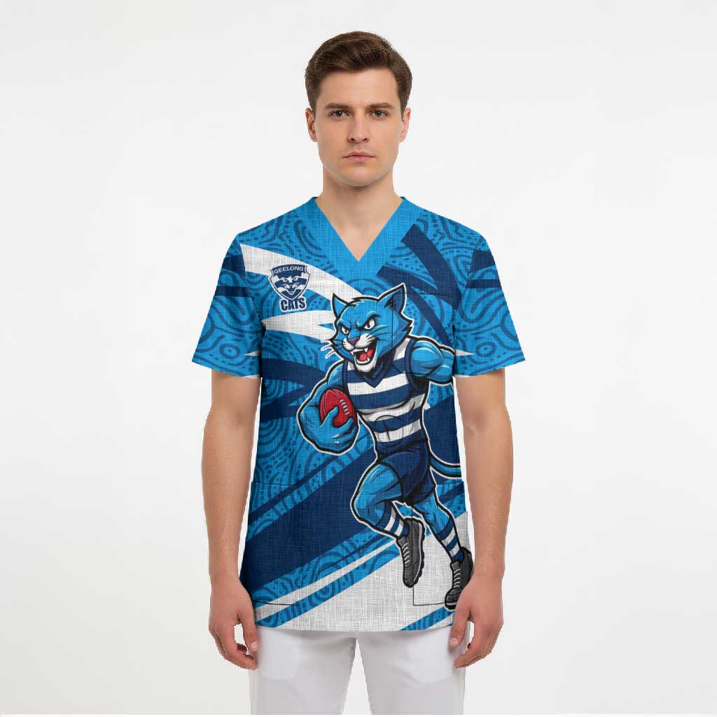 Geelong Cats Australian Football Scrub Top Fierce Cat Mascot With Indigenous Pattern Art