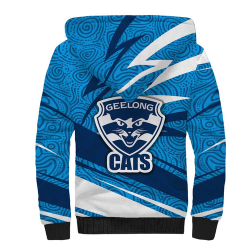 Geelong Cats Australian Football Sherpa Hoodie Fierce Cat Mascot With Indigenous Pattern Art