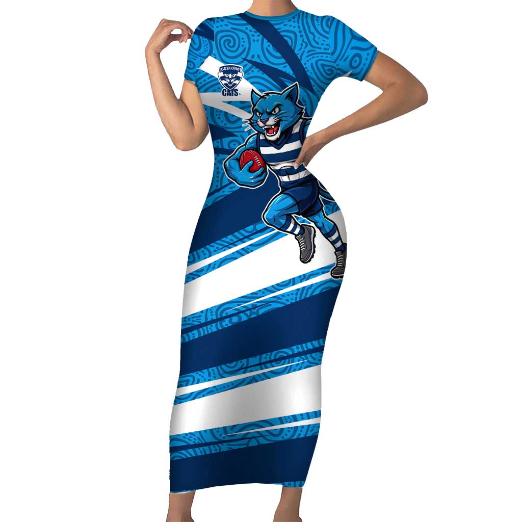 Geelong Cats Australian Football Short Sleeve Bodycon Dress Fierce Cat Mascot With Indigenous Pattern Art