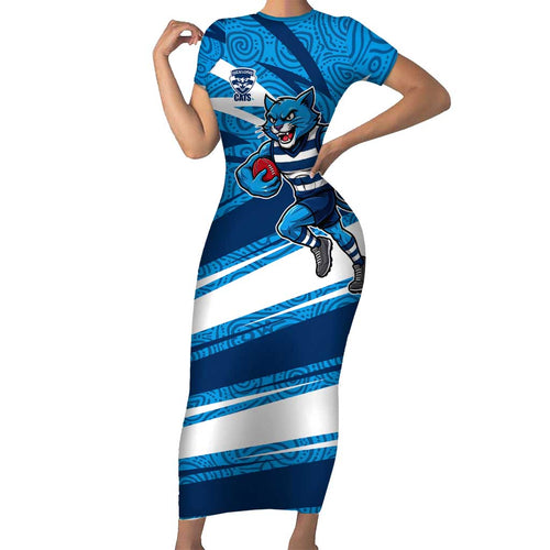 Geelong Cats Australian Football Short Sleeve Bodycon Dress Fierce Cat Mascot With Indigenous Pattern Art