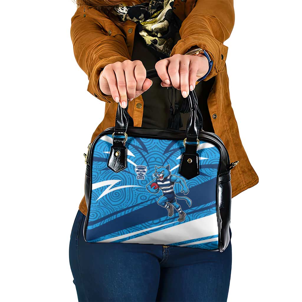 Geelong Cats Australian Football Shoulder Handbag Fierce Cat Mascot With Indigenous Pattern Art
