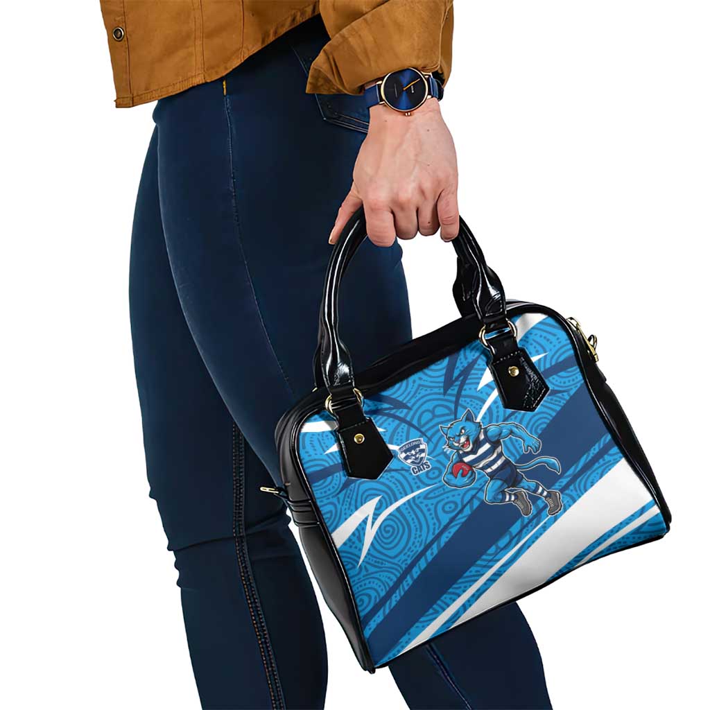 Geelong Cats Australian Football Shoulder Handbag Fierce Cat Mascot With Indigenous Pattern Art