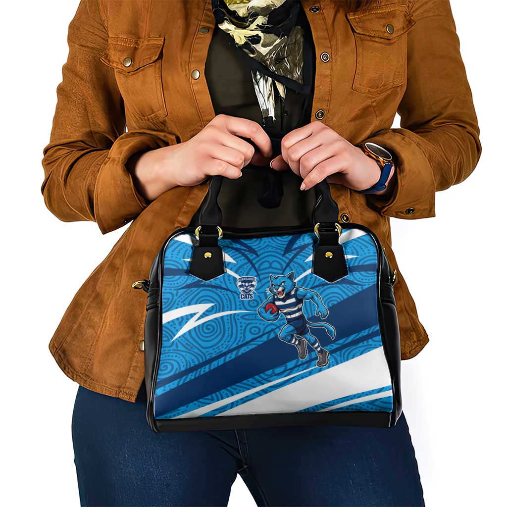 Geelong Cats Australian Football Shoulder Handbag Fierce Cat Mascot With Indigenous Pattern Art