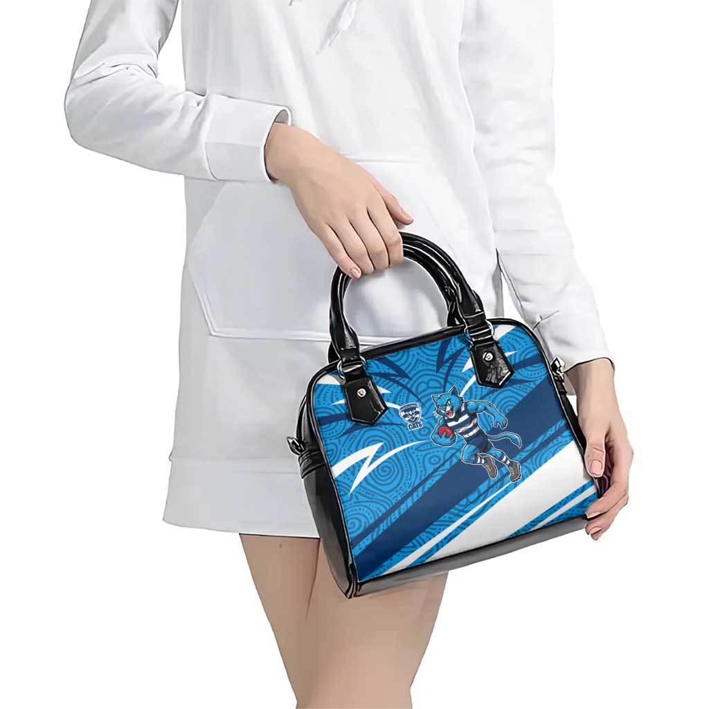 Geelong Cats Australian Football Shoulder Handbag Fierce Cat Mascot With Indigenous Pattern Art