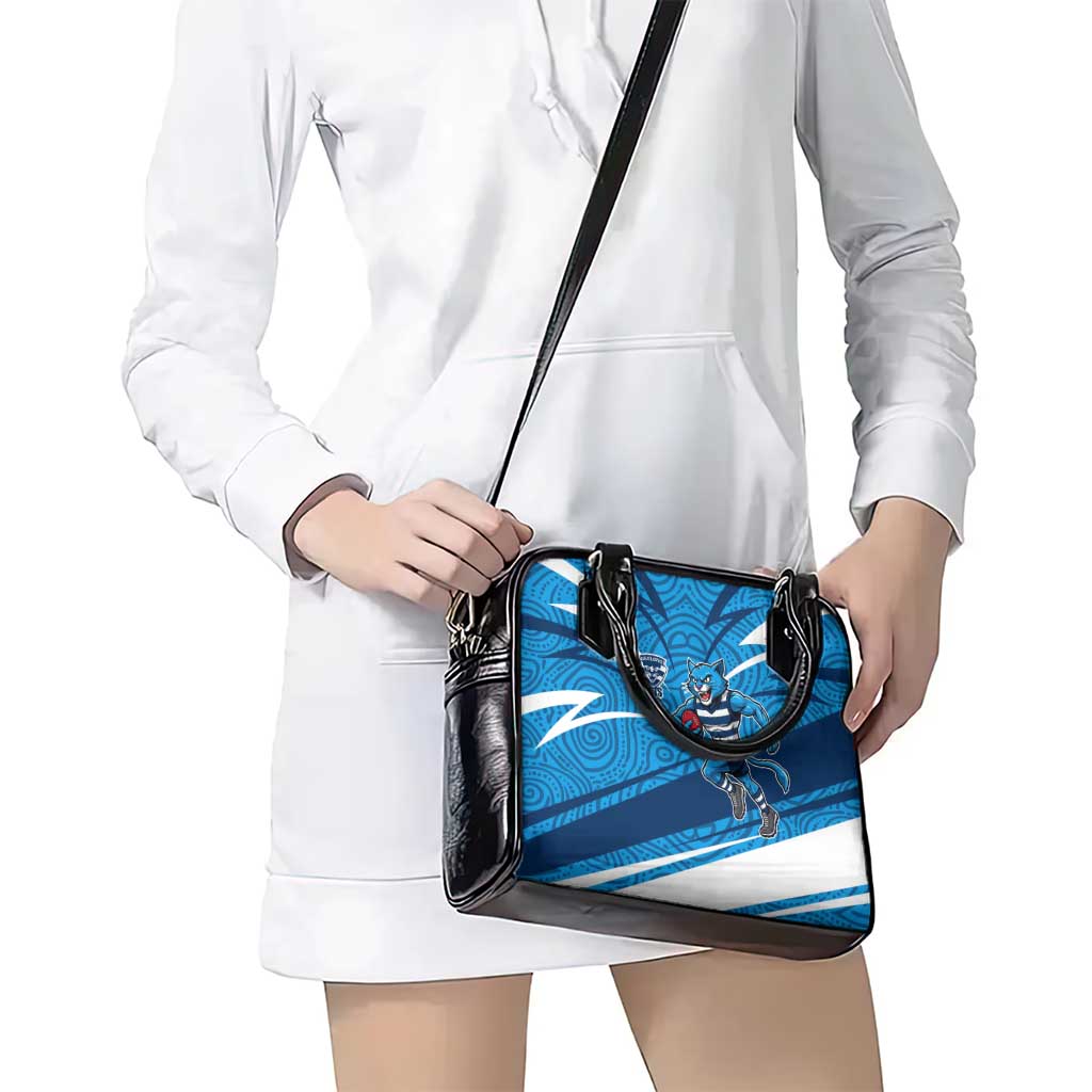 Geelong Cats Australian Football Shoulder Handbag Fierce Cat Mascot With Indigenous Pattern Art