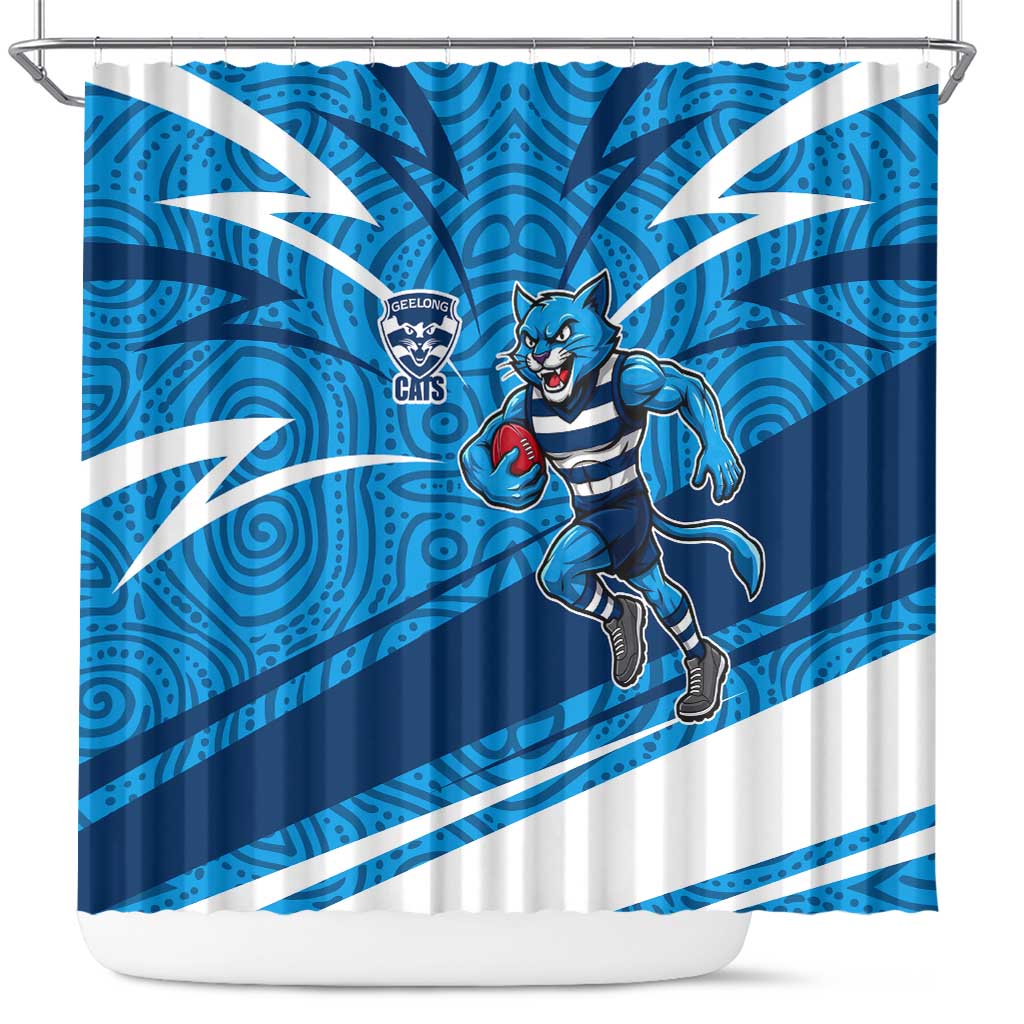 Geelong Cats Australian Football Shower Curtain Fierce Cat Mascot With Indigenous Pattern Art