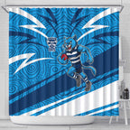 Geelong Cats Australian Football Shower Curtain Fierce Cat Mascot With Indigenous Pattern Art