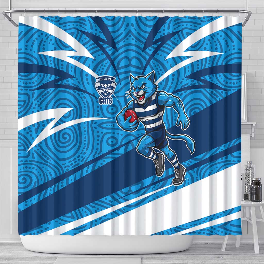 Geelong Cats Australian Football Shower Curtain Fierce Cat Mascot With Indigenous Pattern Art
