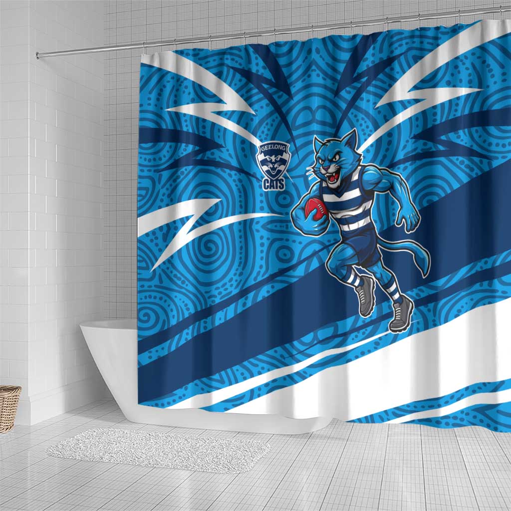 Geelong Cats Australian Football Shower Curtain Fierce Cat Mascot With Indigenous Pattern Art