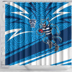 Geelong Cats Australian Football Shower Curtain Fierce Cat Mascot With Indigenous Pattern Art