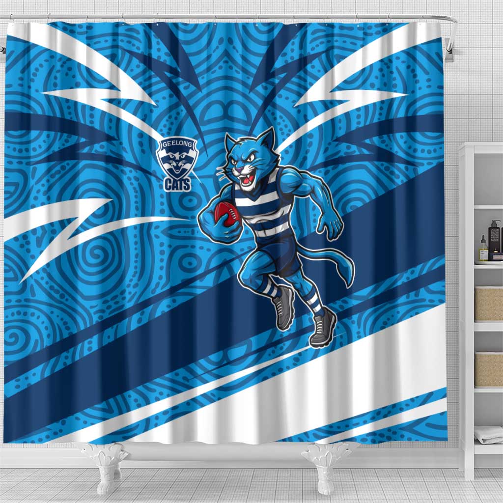 Geelong Cats Australian Football Shower Curtain Fierce Cat Mascot With Indigenous Pattern Art